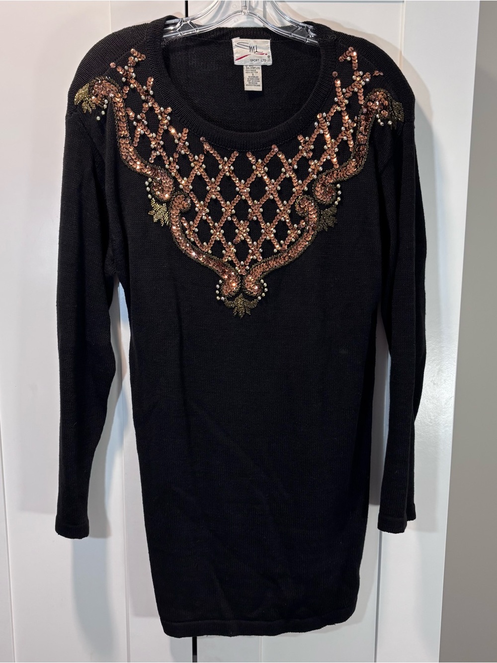 Vintage 90s SML SPORT LTD Sequin Beaded Sweater Tunic Ramie Cotton Womens S VTG